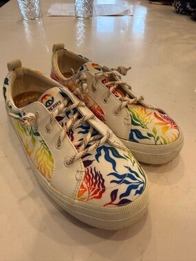 Sperry White Canvas Sneakers with Rainbow Wave Print